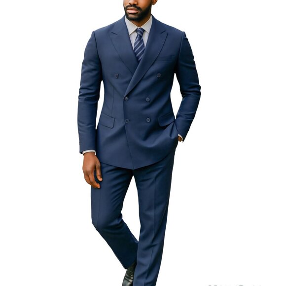 Solid Navy Double Breasted 2 Piece Tailored Fit Azzuro Men's Suit - Picture 1 of 1